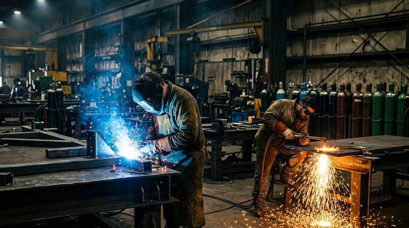 Soldadores y trabajo de oxicorte en operación
